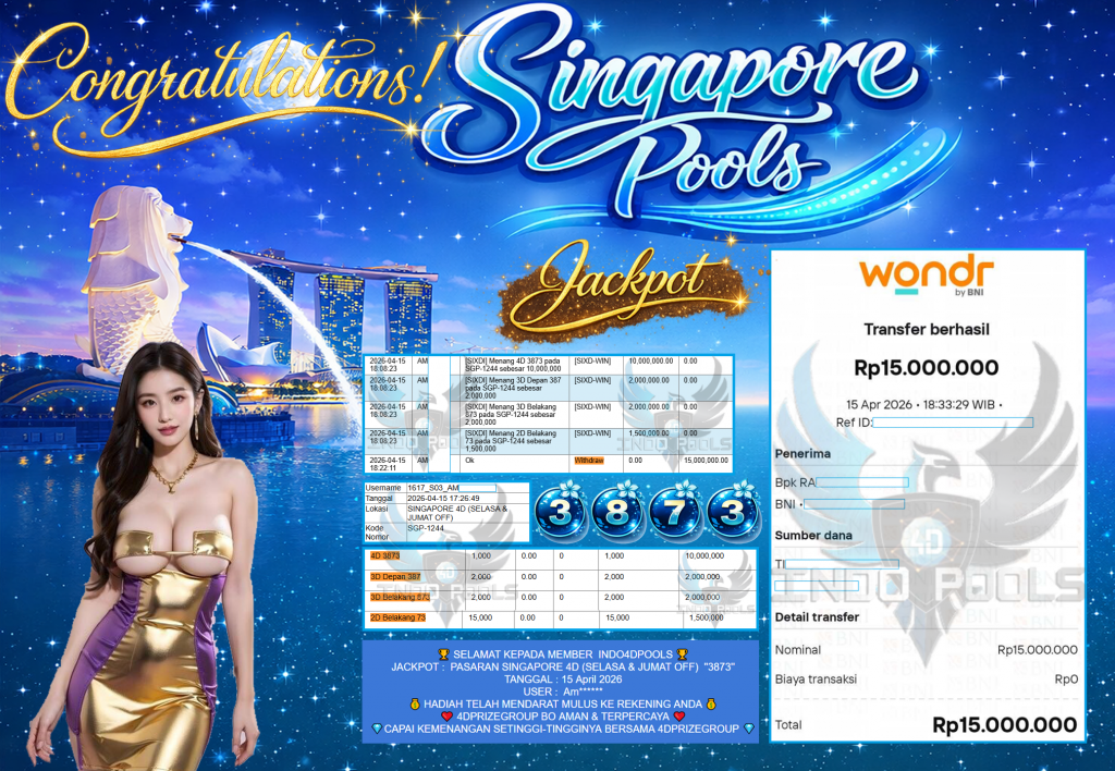 INDO4DPOOLS JACKPOT PASARAN ” SINGAPORE 4D (SELASA & JUMAT OFF) ” 3873″ ” Rp 15,000,000,- LUNAS