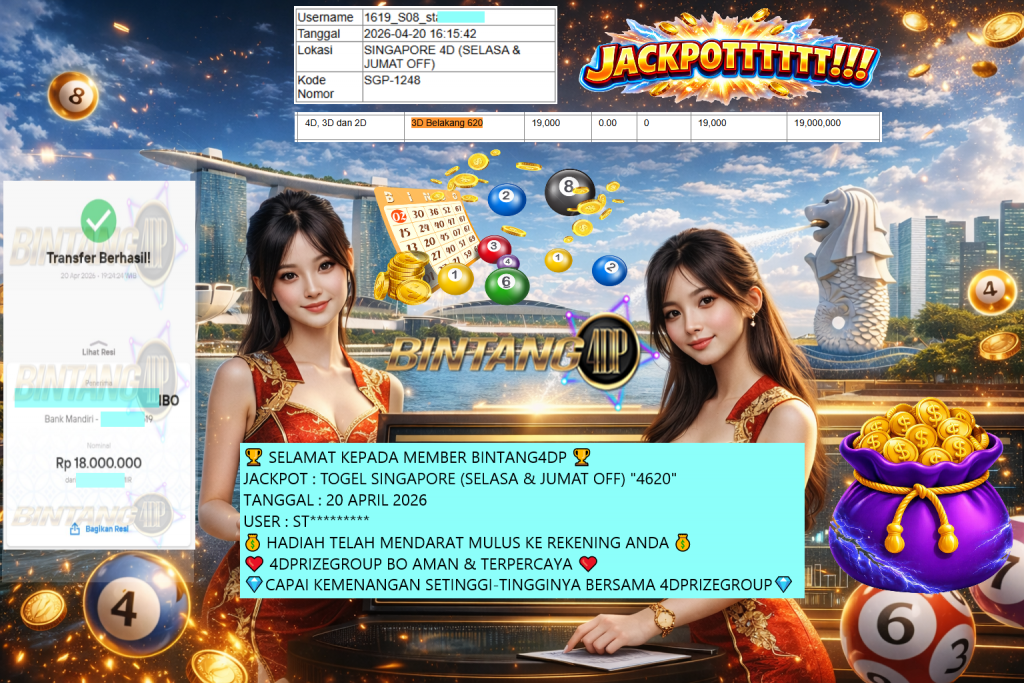 BINTANG4DP JACKPOT TOGEL SINGAPORE (SELASA & JUMAT OFF) “4620” Rp18.000.000,- LUNAS