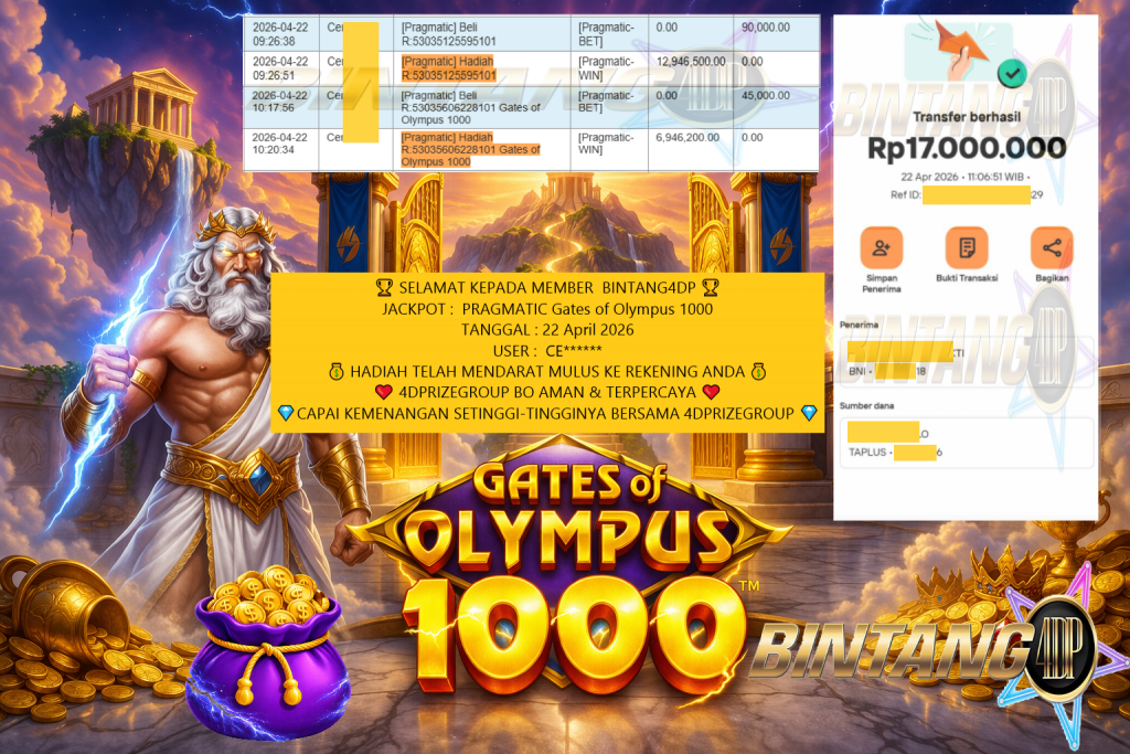 BINTANG4DP JACKPOT Gates of Olympus 1000 Rp17.000.000,- LUNAS