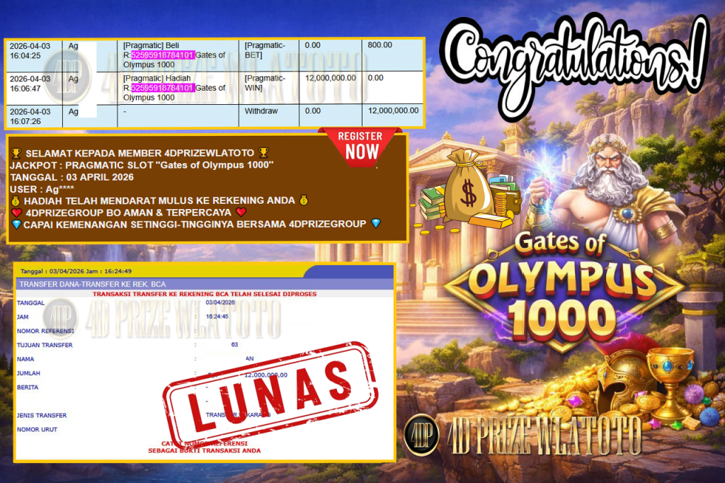 4DPRIZEWLATOTO JACKPOT PRAGMATIC SLOT “Gates of Olympus 1000” Rp12.000.000,- LUNAS