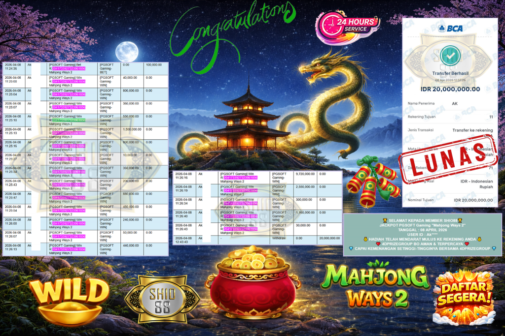 SHIO88 JACKPOT PGSOFT “Mahjong Ways 2” Rp20,000,000,- LUNAS