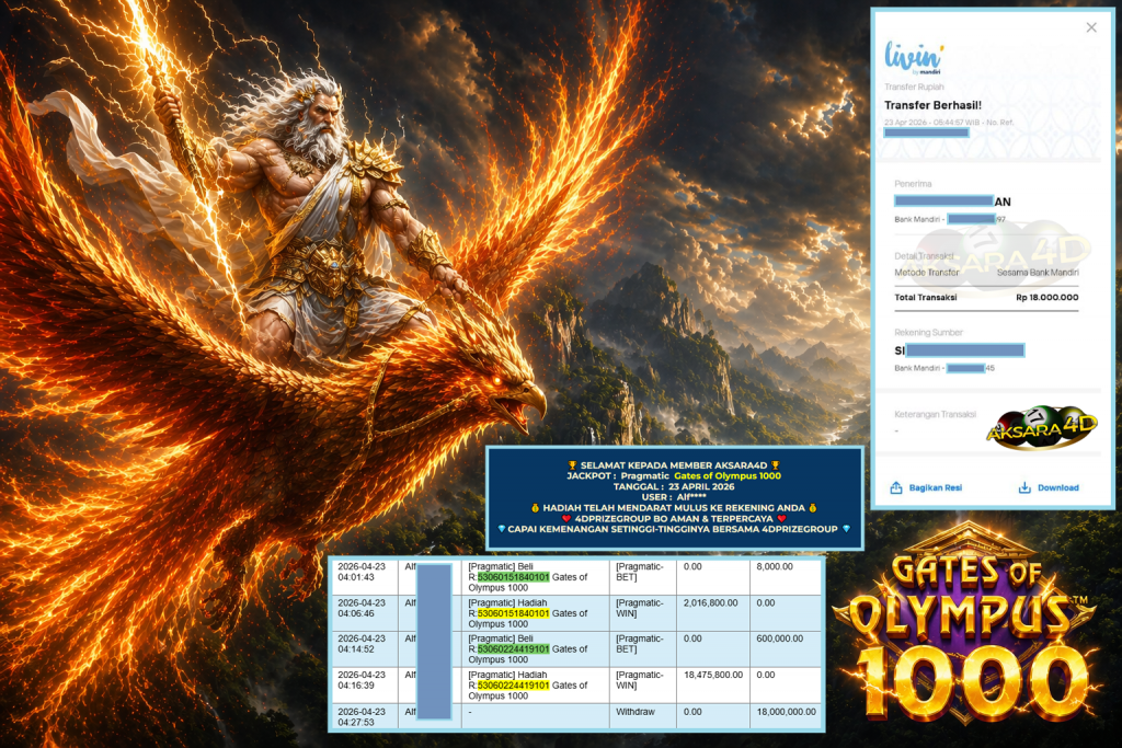 AKSARA4D JACKPOT PRAGMATIC ” Gates of Olympus 1000 ” Rp 18.000.000,- LUNAS