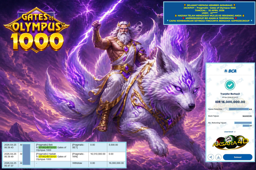 AKSARA4D JACKPOT PRAGMATIC ” Gates of Olympus 1000 ” Rp 16.000.000,- LUNAS