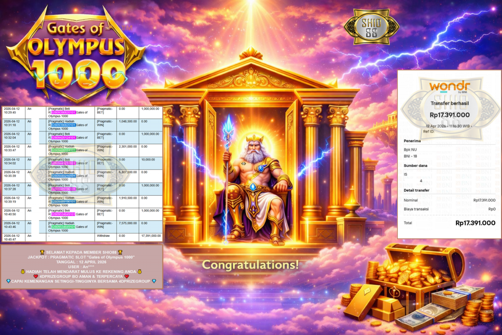 SHIO88 JACKPOT PRAGMATIC SLOT “Gates of Olympus 1000” Rp17.391.000,- LUNAS