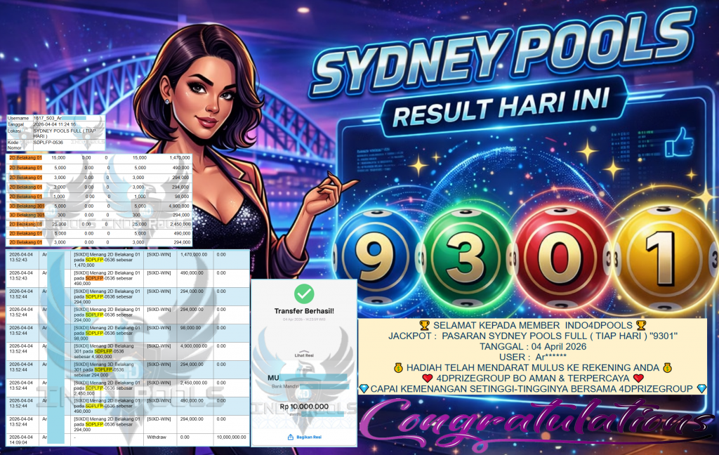 INDO4DPOOLS JACKPOT PASARAN ” SYDNEY POOLS FULL ( TIAP HARI ) ” 9301″ ” Rp 10,000,000,- LUNAS
