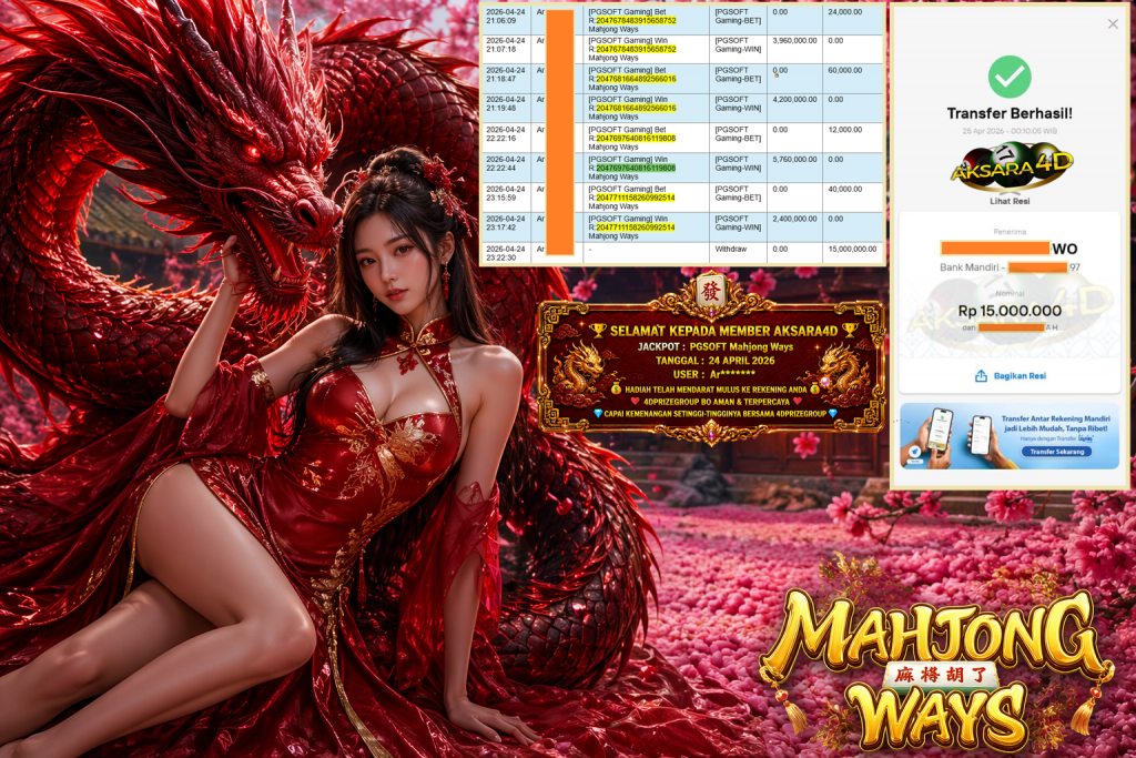 AKSARA4D JACKPOT PGSOFT Gaming ” Mahjong Ways “‎‎‏‏ ‎‎‏‏‎‎‏‏Rp 15.000.000 ,- LUNAS