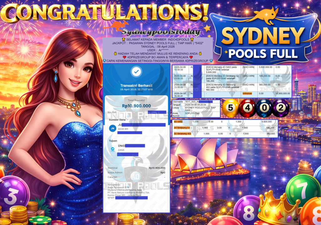 INDO4DPOOLS JACKPOT PASARAN ” SYDNEY POOLS FULL ( TIAP HARI ) ” 5402 ” ” Rp 10,900,000,- LUNAS