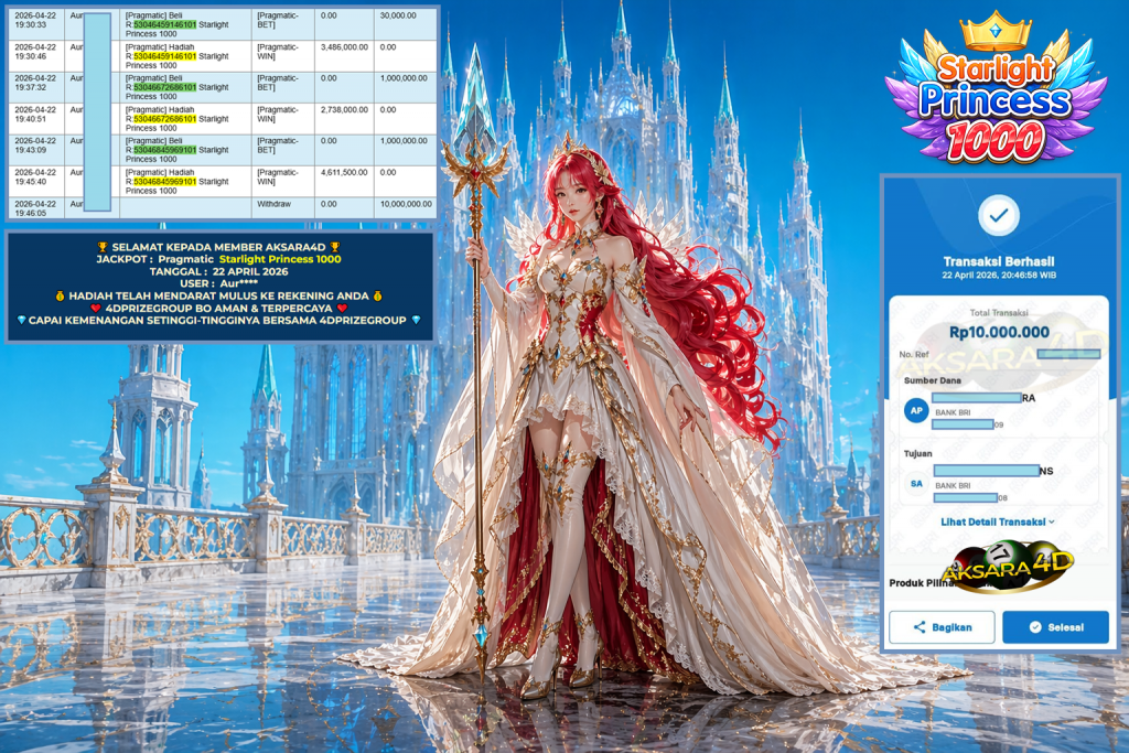 AKSARA4D JACKPOT PRAGMATIC ” Starlight Princess 1000 ” Rp 10.000.000,- LUNAS