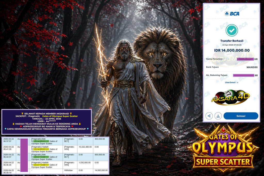 AKSARA4D JACKPOT PRAGMATIC ” Gates of Olympus Super Scatter ” Rp 14.000.000,- LUNAS
