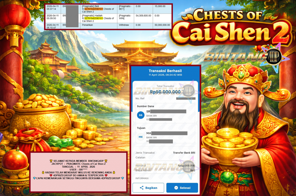 BINTANG4DP JACKPOT PRAGMATIC “Chests of Cai Shen 2″‎‏‏‎‎ Rp50.000.000,- LUNAS