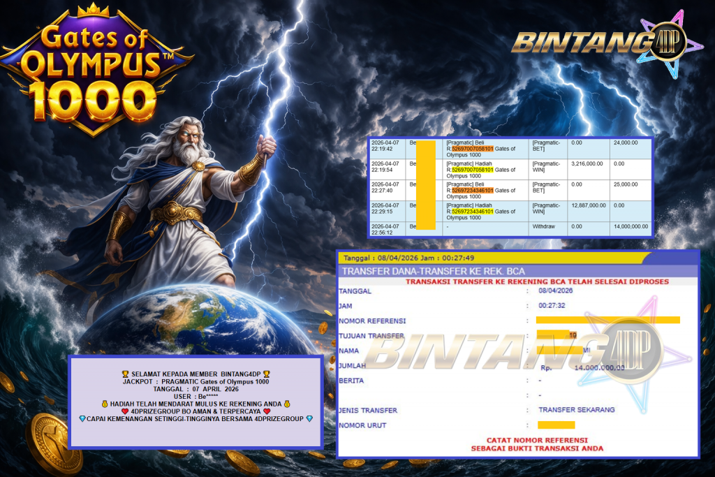 BINTANG4DP JACKPOT PRAGMATIC “Gates of Olympus 1000″‎‏‏‎‎ Rp14.000.000,- LUNAS