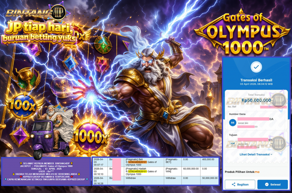 BINTANG4DP JACKPOT PRAGMATIC “Gates of Olympus 1000″‎‏‏‎‎ Rp50.000.000,- LUNAS