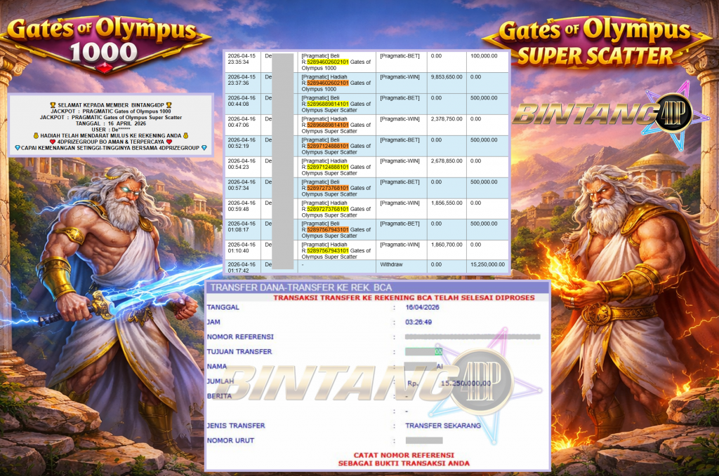 BINTANG4DP JACKPOT PRAGMATIC “Gates of Olympus 1000” & “Gates of Olympus Super Scatter”‎‏‏‎‎ Rp15.250.000,- LUNAS