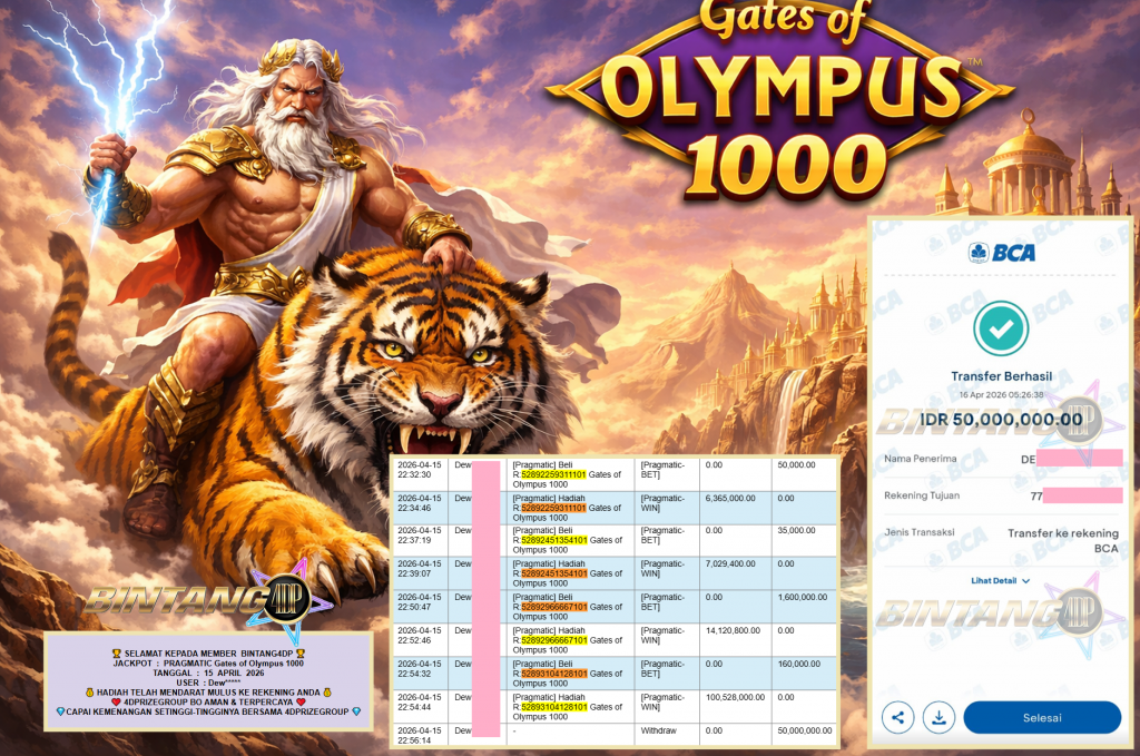 BINTANG4DP JACKPOT PRAGMATIC “Gates of Olympus 1000″‎‏‏‎‎ Rp100.000.000,- LUNAS