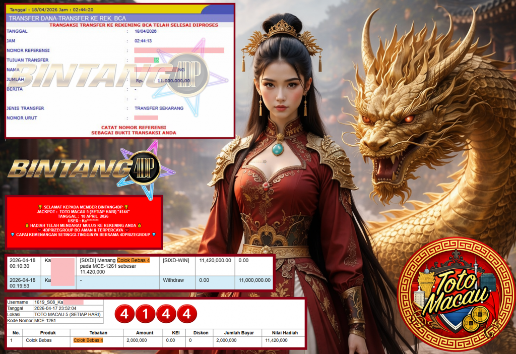 BINTANG4DP JACKPOT TOTO MACAU 5 (SETIAP HARI) “4144” Rp11.000.000,- LUNAS