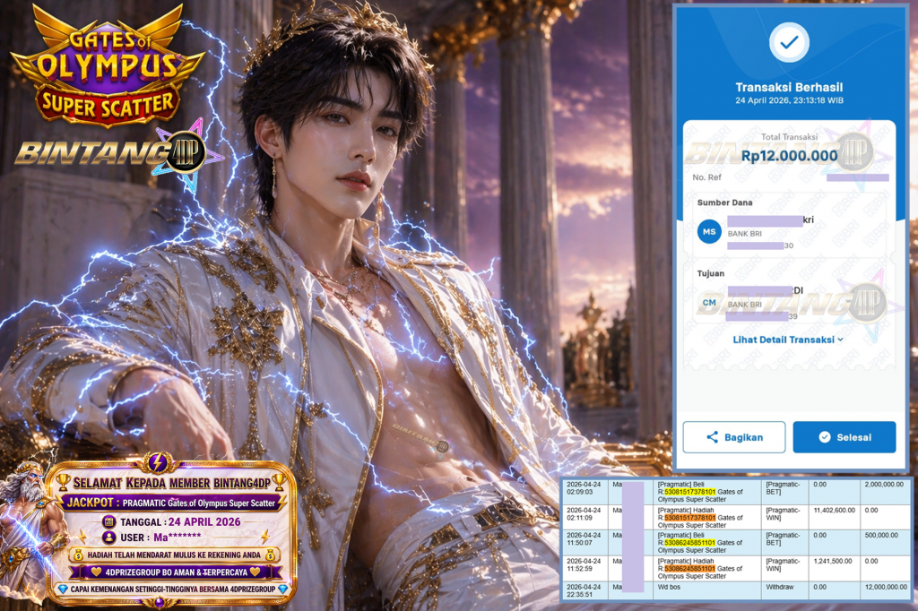 BINTANG4DP JACKPOT PRAGMATIC “Gates of Olympus Super Scatter”‎‏‏‎‎ Rp12.000.000,- LUNAS