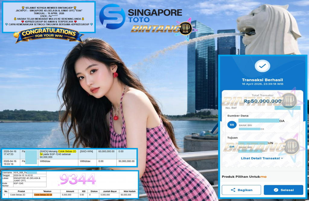 BINTANG4DP JACKPOT SINGAPORE 4D (SELASA & JUMAT OFF) “9344”‎‏‏‎ Rp50.000.000,- LUNAS