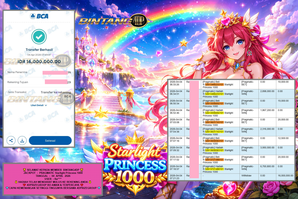 BINTANG4DP JACKPOT PRAGMATIC “Starlight Princess 1000″‎‏‏‎‎ Rp16.000.000,- LUNAS