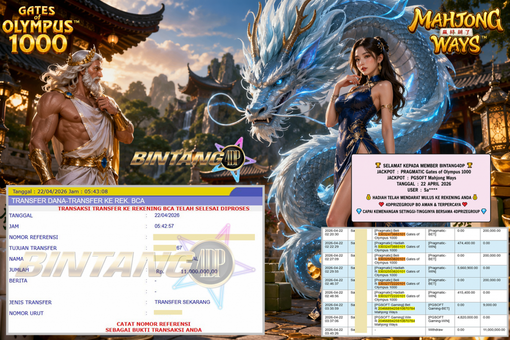 BINTANG4DP JACKPOT PRAGMATIC “Gates of Olympus 1000” & PGSOFT “Mahjong Ways”‎‏‏‎‎ Rp11.000.000,- LUNAS
