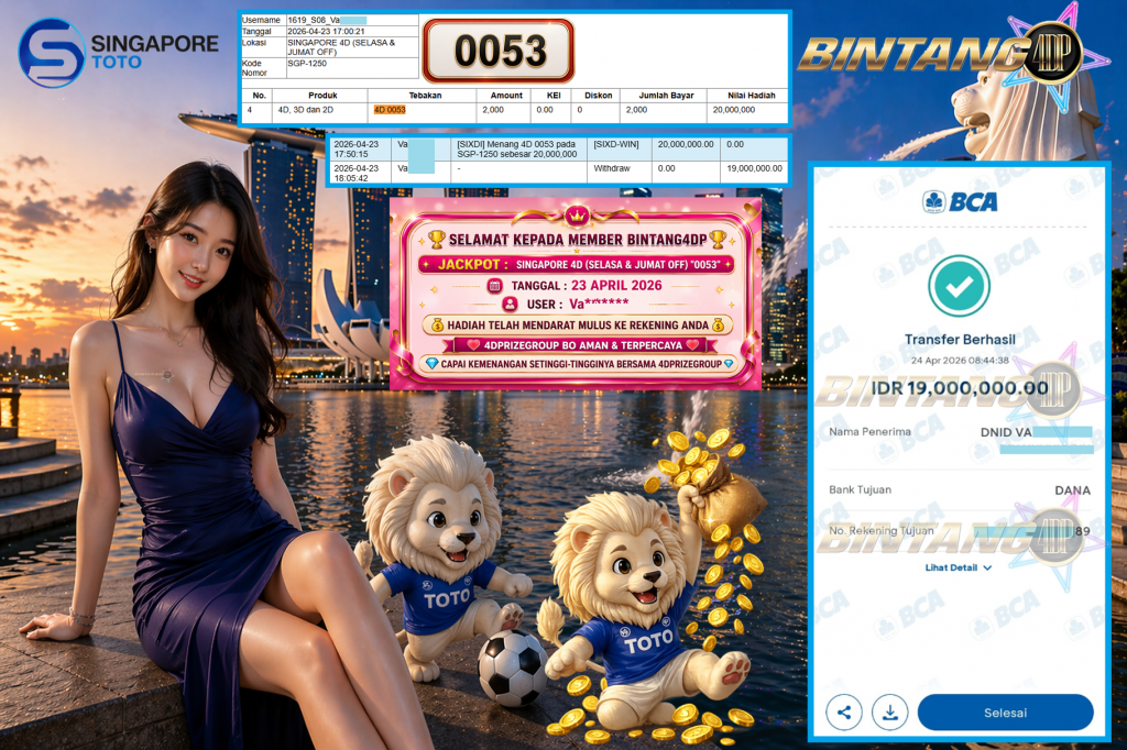 BINTANG4DP JACKPOT SINGAPORE 4D (SELASA & JUMAT OFF) “0053”‎‏‏‎ Rp19.000.000,- LUNAS