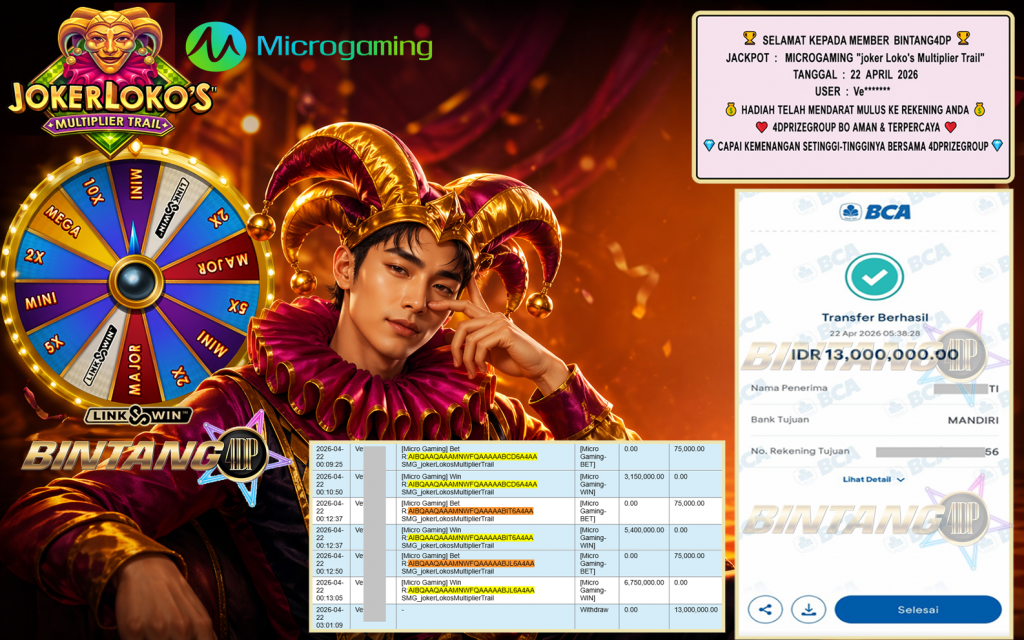 BINTANG4DP JACKPOT MICROGAMING “joker Loko’s Multiplier Trail” Rp13.000.000,- LUNAS