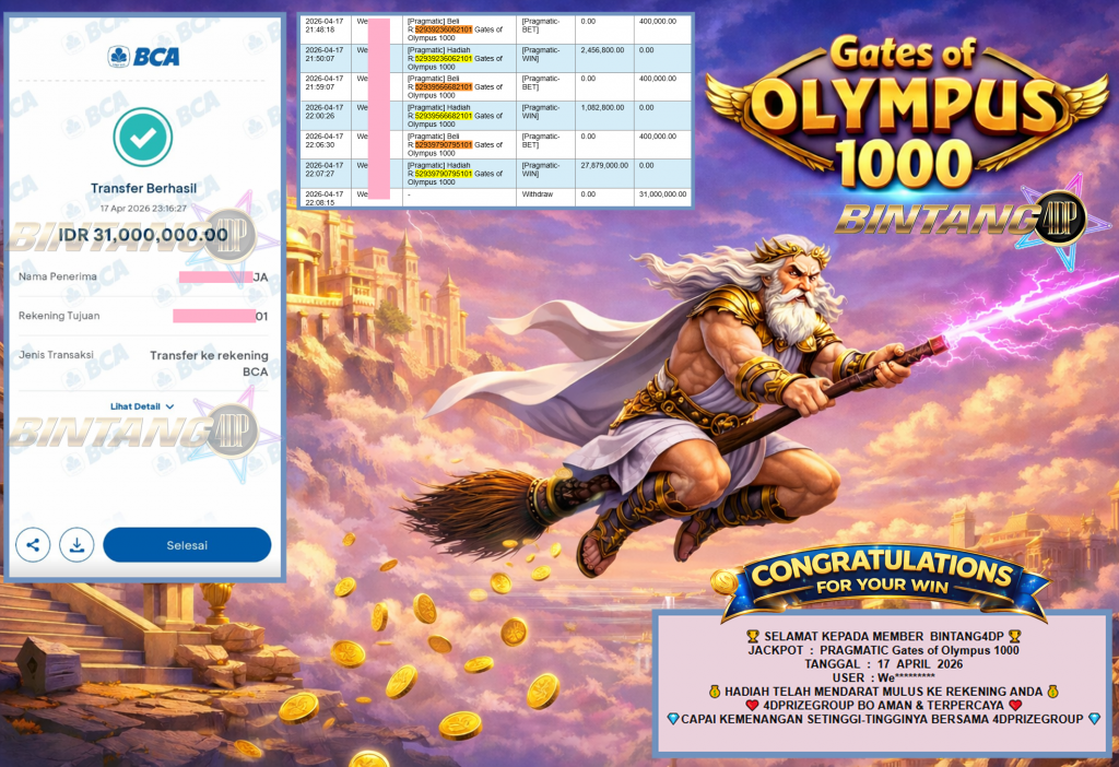 BINTANG4DP JACKPOT PRAGMATIC “Gates of Olympus 1000″‎‏‏‎‎ Rp31.000.000,- LUNAS