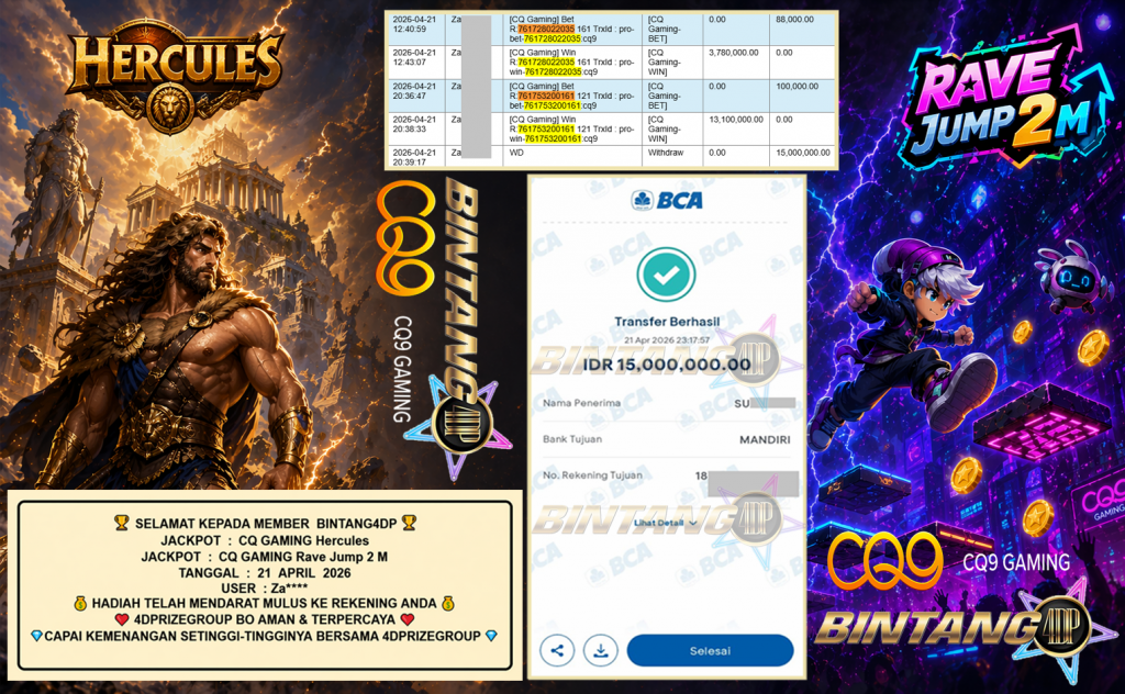 BINTANG4DP JACKPOT CQ GAMING “Hercules” & “‎‏‏‎‎Rave Jump 2 M” Rp15.000.000,- LUNAS