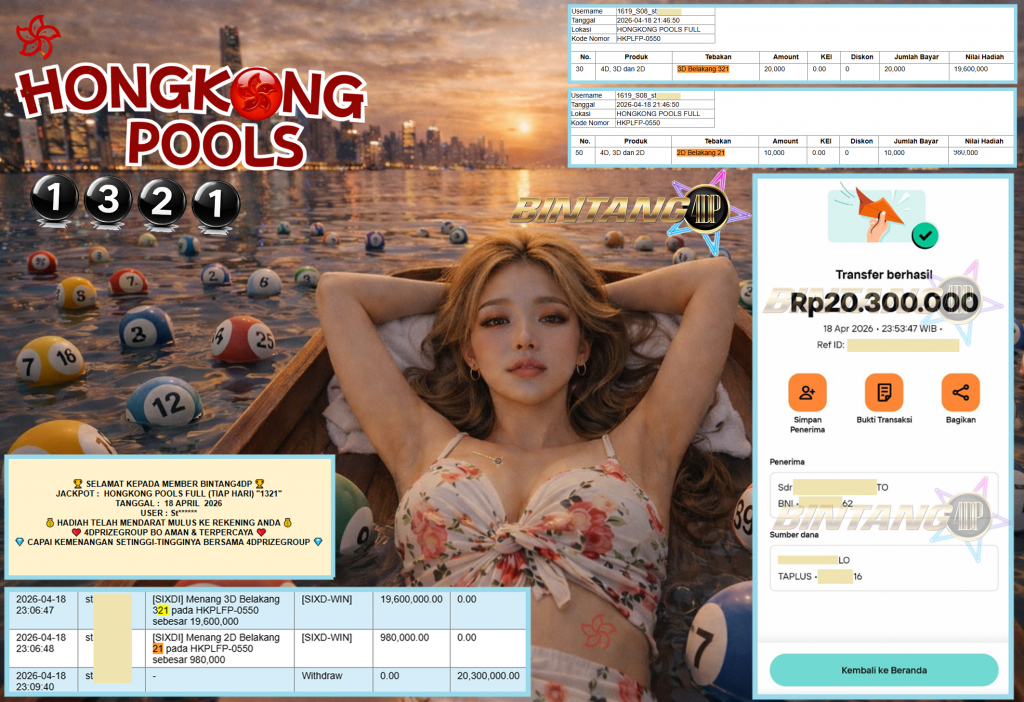 BINTANG4DP JACKPOT HONGKONG POOLS FULL (TIAP HARI) “1321”‎‏‏‎ Rp20.300.000,- LUNAS