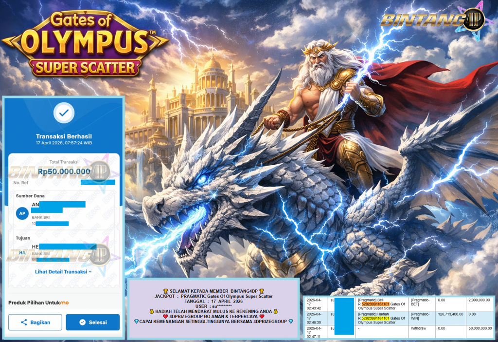 BINTANG4DP JACKPOT PRAGMATIC “Gates Of Olympus Super Scatter”‎‏‏‎‎ Rp50.000.000,- LUNAS