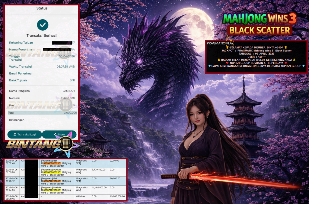 BINTANG4DP JACKPOT PRAGMATIC “Mahjong Wins 3 – Black Scatter”‎‏‏‎‎ Rp13.000.000,- LUNAS