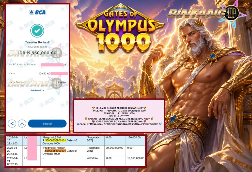BINTANG4DP JACKPOT PRAGMATIC “Gates of Olympus 1000″‎‏‏‎‎ Rp19.950.000,- LUNAS