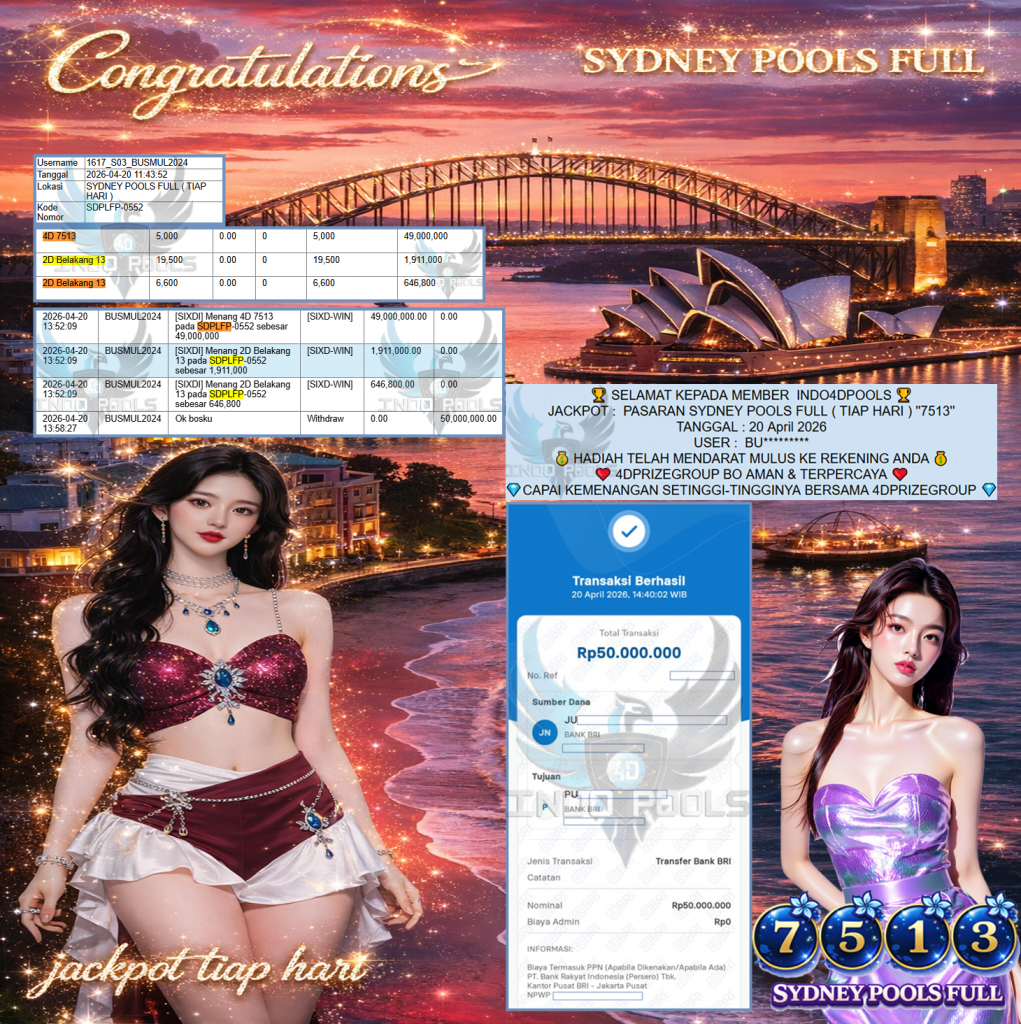 INDO4DPOOLS JACKPOT PASARAN ” SYDNEY POOLS FULL ( TIAP HARI ) ” 7513″ ” Rp 50,000,000,- LUNAS