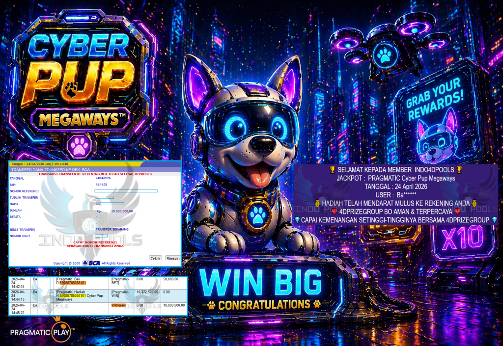 INDO4DPOOLS JACKPOT PRAGMATIC ” Cyber Pup Megaways ” Rp 10,000,000,- LUNAS