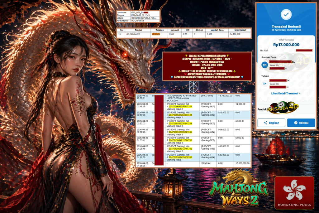 AKSARA4D JACKPOT HONGKONG POOLS (TIAP HARI) ” 8524 ” & PGSOFT Mahjong Ways Rp 17.000.000,- LUNAS