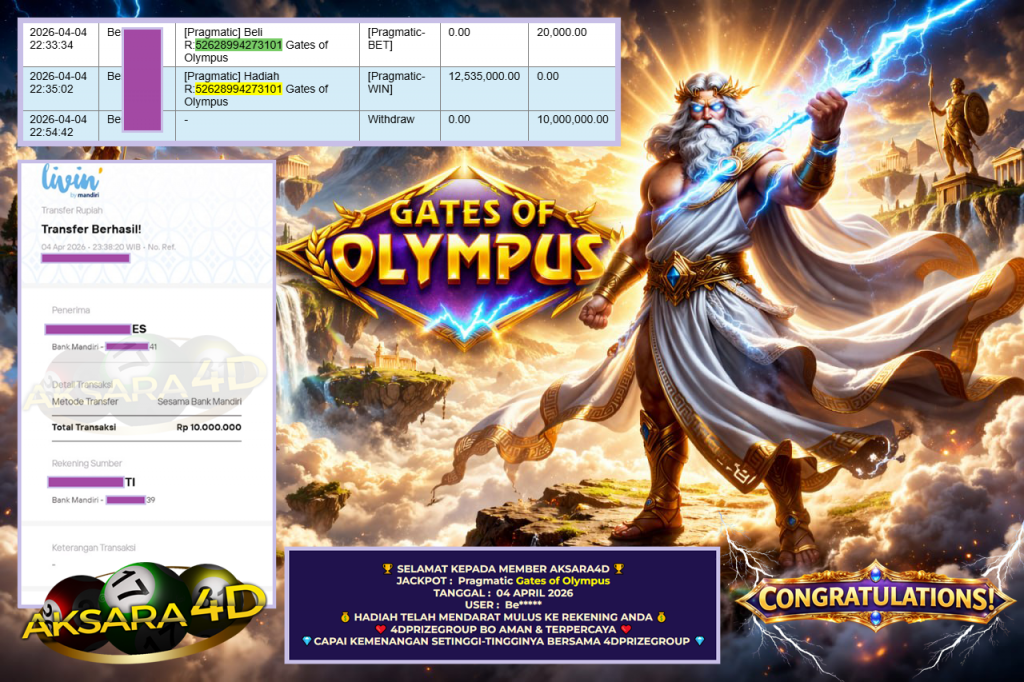 AKSARA4D JACKPOT PRAGMATIC ” Gates of Olympus ” Rp 10.000.000,- LUNAS