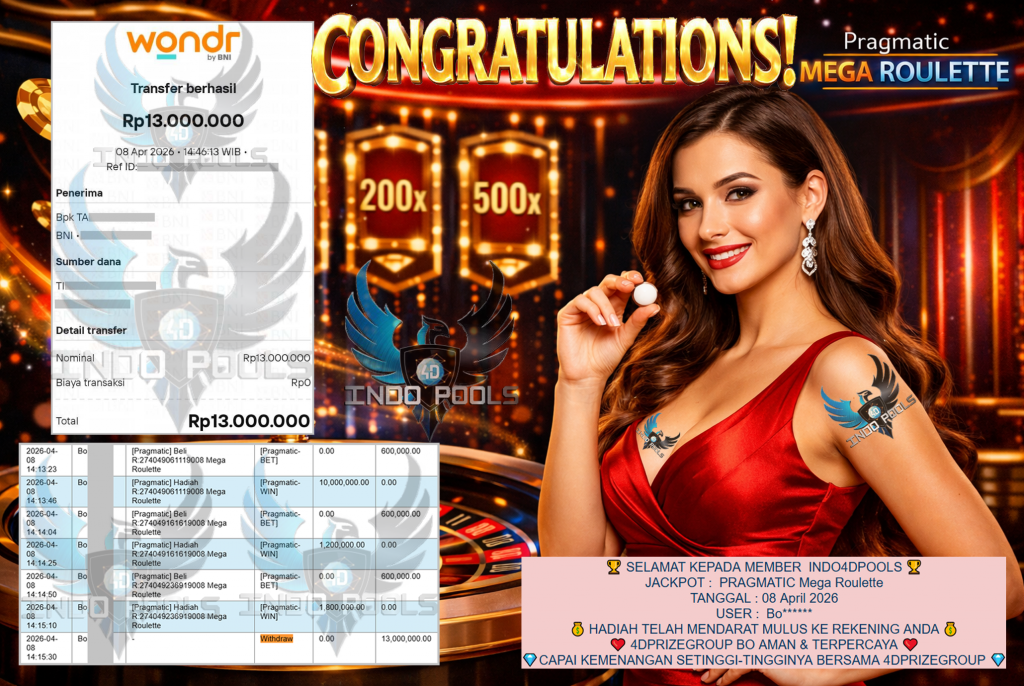 INDO4DPOOLS JACKPOT PRAGMATIC ” Mega Roulette ” Rp 13,000,000,- LUNAS