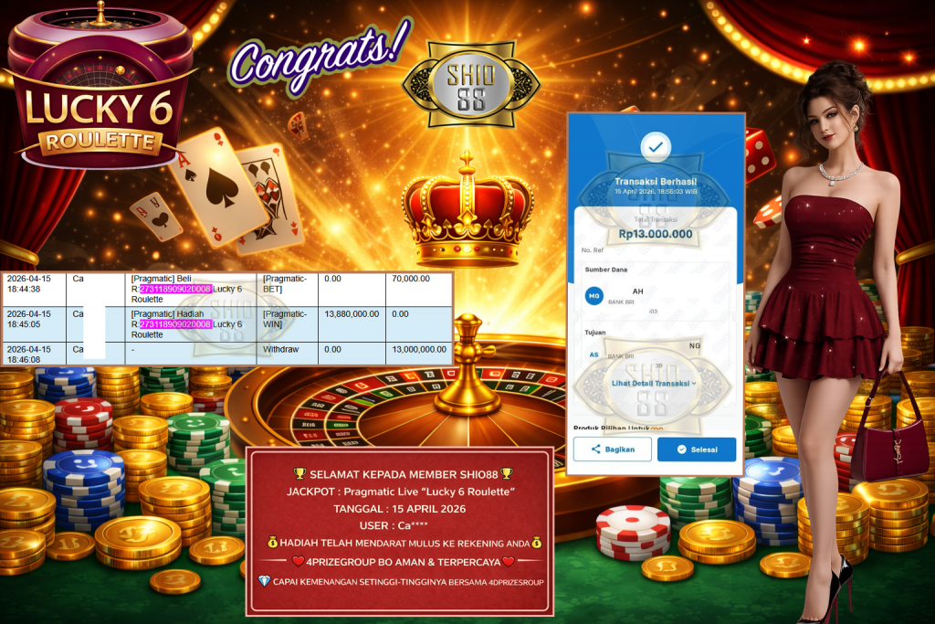 SHIO88 JACKPOT PRAGMATIC LIVE GAME “Lucky 6 Roulette” ‎‏‏‎Rp13.000.000,- LUNAS