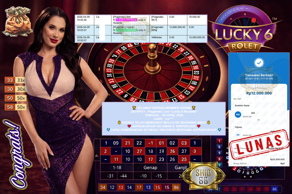 SHIO88 JACKPOT PRAGMATIC LIVE GAME “Lucky 6 Roulette” ‎‏‏‎Rp12.000.000,- LUNAS
