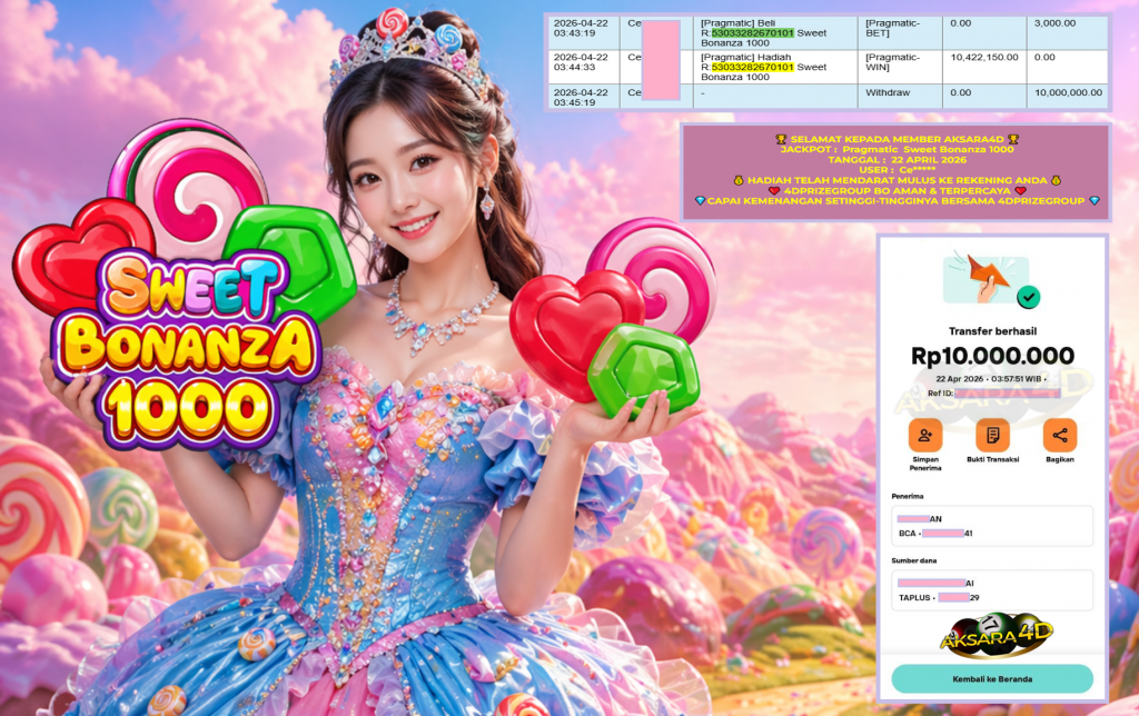 AKSARA4D JACKPOT PRAGMATIC ” Sweet Bonanza 1000 ” Rp 10.000.000,- LUNAS