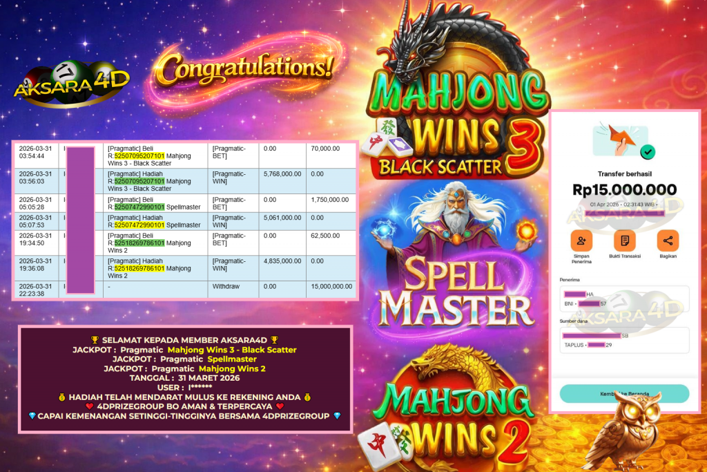 AKSARA4D JACKPOT PRAGMATIC ” Mahjong Wins 3 – Black Scatter , Spellmaster , Mahjong Wins 2 ” Rp 15.000.000,- LUNAS