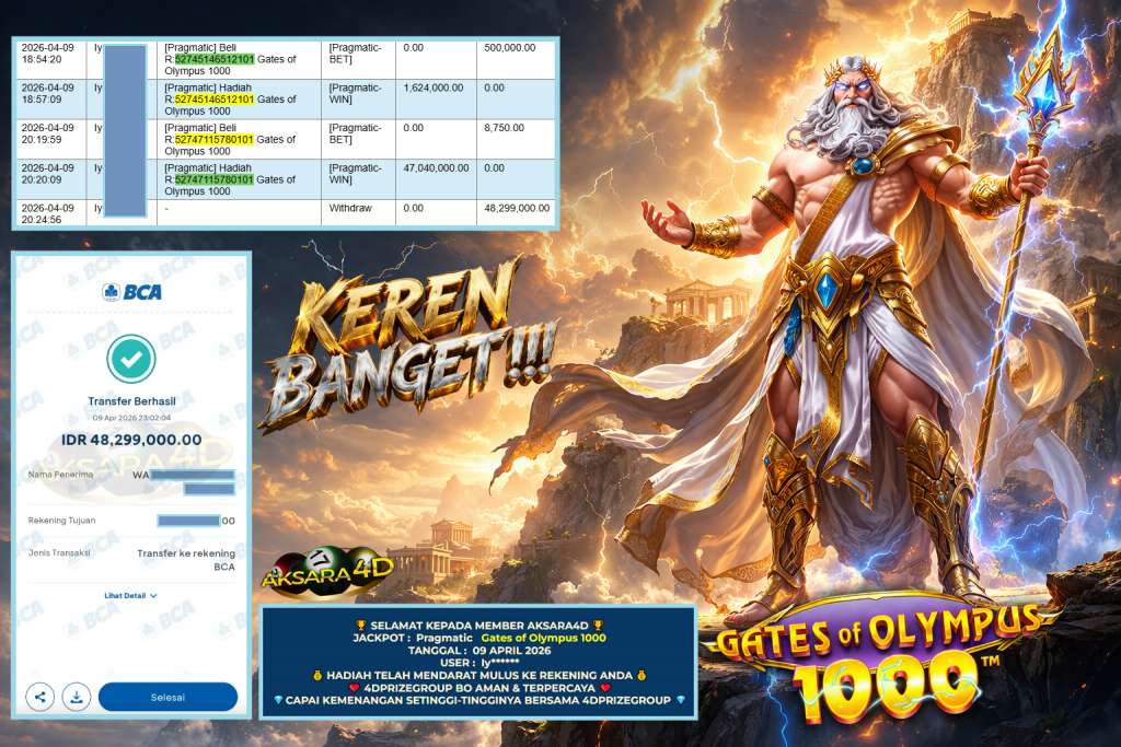 AKSARA4D JACKPOT PRAGMATIC ” Gates of Olympus 1000 ” Rp 48.299.000,- LUNAS