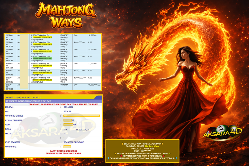 AKSARA4D JACKPOT PGSOFT Gaming ” Mahjong Ways “‎‎‏‏ ‎‎‏‏‎‎‏‏Rp 15.000.000 ,- LUNAS