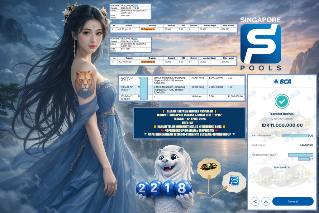AKSARA4D JACKPOT SINGAPORE (SELASA & JUMAT OFF) ” 2218 ” Rp 11.000.000,- LUNAS