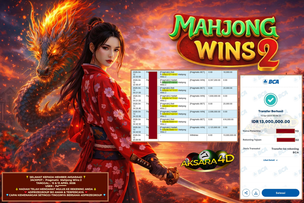 AKSARA4D JACKPOT PRAGMATIC ” Mahjong Wins 2 ” Rp 13.000.000,- LUNAS
