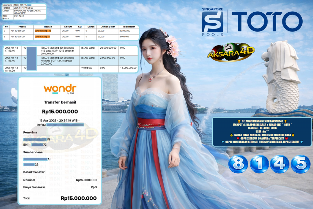 AKSARA4D JACKPOT SINGAPORE (SELASA & JUMAT OFF) ” 8145 ” Rp 15.000.000,- LUNAS
