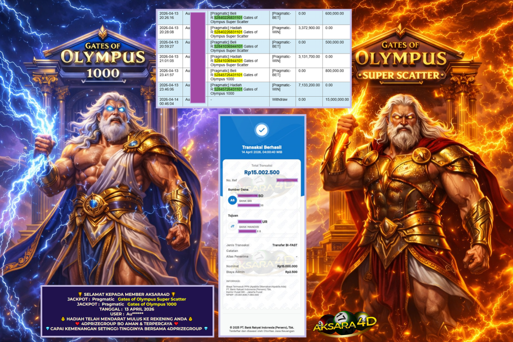 AKSARA4D JACKPOT PRAGMATIC ” Gates of Olympus Super Scatter , Gates of Olympus 1000 ” Rp 15.000.000,- LUNAS