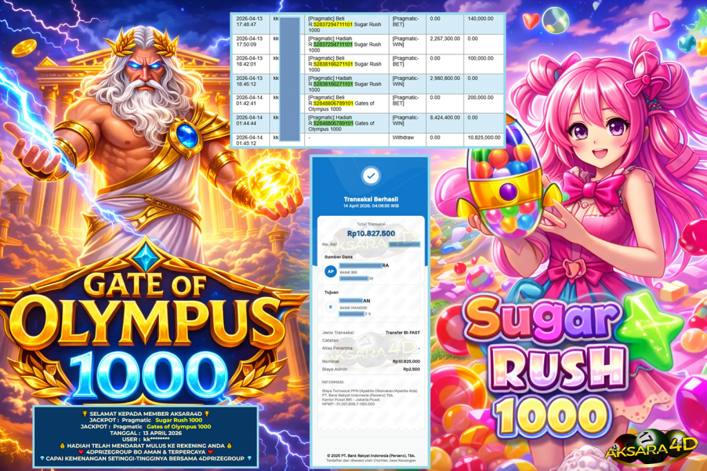 AKSARA4D JACKPOT PRAGMATIC ” Sugar Rush 1000 , Gates of Olympus 1000 ” Rp 10.825.000,- LUNAS