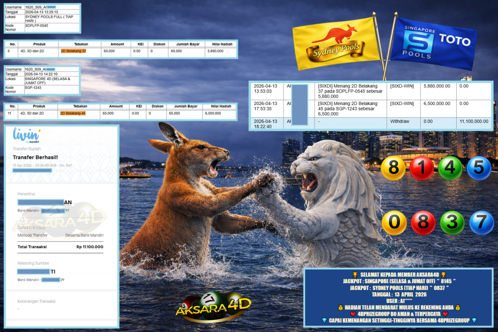AKSARA4D JACKPOT SINGAPORE (SELASA & JUMAT OFF) ” 8145 ” , SYDNEY POOLS (TIAP HARI) ” 0837 ” Rp 11.100.000,- LUNAS