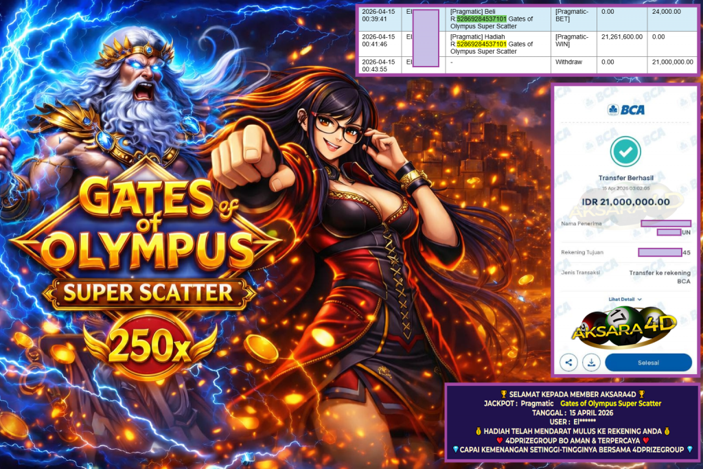 AKSARA4D JACKPOT PRAGMATIC ” Gates of Olympus Super Scatter ” Rp 21.000.000,- LUNAS