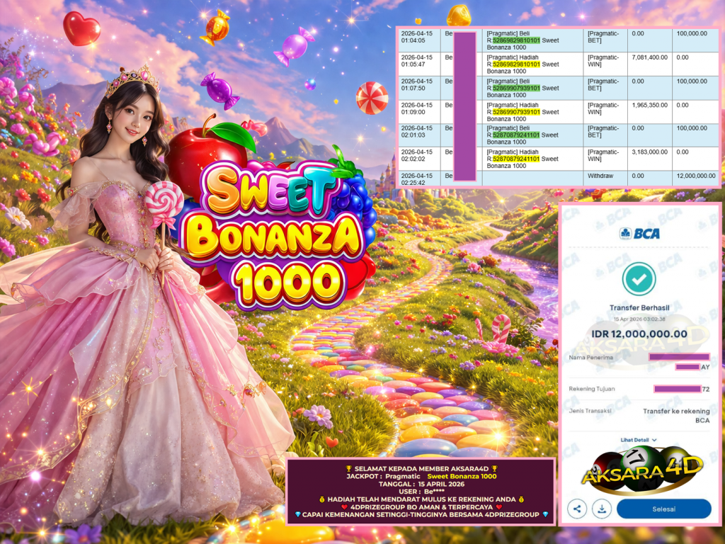 AKSARA4D JACKPOT PRAGMATIC ” Sweet Bonanza 1000 ” Rp 12.000.000,- LUNAS